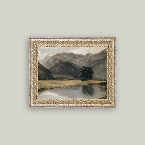 River Mountainscape Framed Antique Art